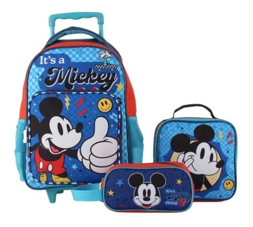 Mochila Escolar Mickey Mouse Con Ruedas  Lonchera Estuche 