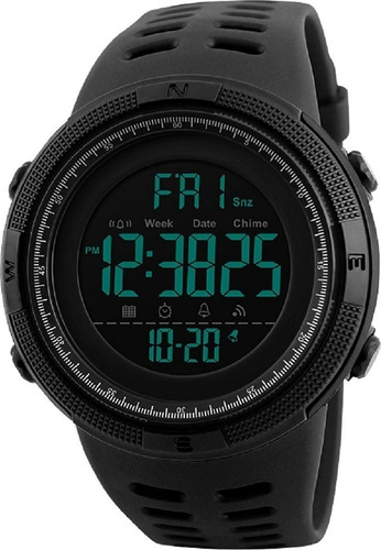 Reloj pulsera Skmei 1251 de cuerpo color negro, digital, para hombre, fondo negro, con correa de poliuretano color negro, dial gris, minutero/segundero blanco y negro, bisel color negro, luz verde y hebilla doble