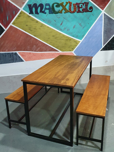 Imagen 6 de 9 de Mesa Industrial 130x60 Con 2 Bancos Largos Hierro Y Madera
