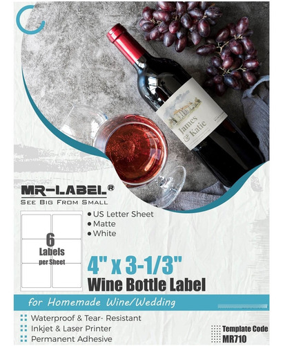 Mr-label Etiqueta Vino Blanco Mate Impermeable 4 X 3-1 3  Oz