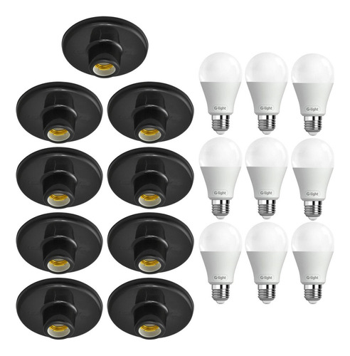 Kit 9 Plafonier Plafon Soquete E-27 Preto 9 Lâmpada Led 12w