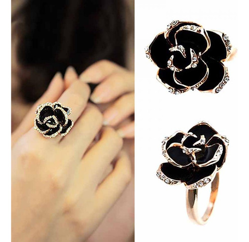 Anillo Ajustable Con Forma De Rosa Negra, Bonito Regalo Para