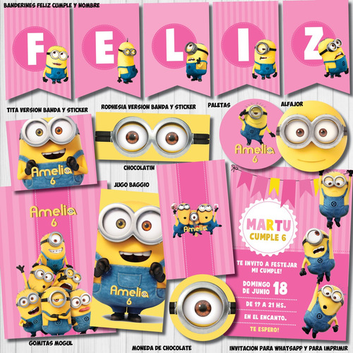 Kit Imprimible Personalizado Minions Rosa Candy Cumple Invit