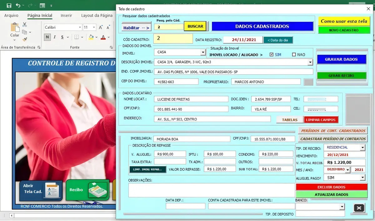 Sistema Controle Imóveis Aluguel Residencial Comercial Excel