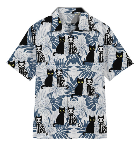 Camisa Hawaiana Unisex Black Cat V2, Camisa De Playa De Vera