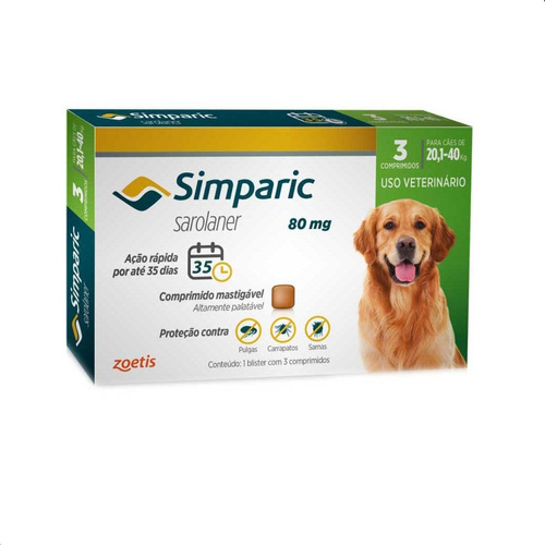 Pastilla antiparasitario para pulgas Zoetis Simparic para perro de 20.1kg a 40kg 3 comprimidos