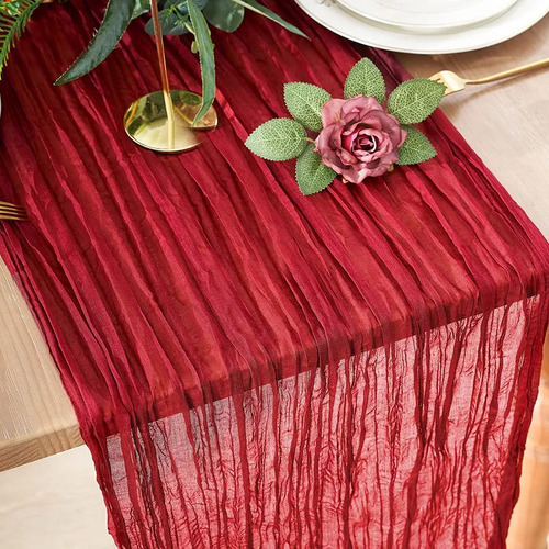 2pzs Caminos De Mesa Gasa Elegante Boho Decoración Boda Color Nude Red Mantel Decorativo Ruffled Mantel Decoración de Mesa Celebración de Cumpleaños Decoración de Estilo Vintage