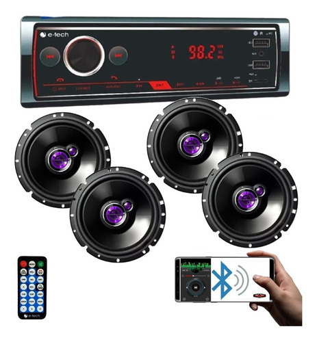 Kit 4 Alto Falantes 6 Pol 200w + Som Radio Mp3 Usb Bluetooth Cor Preto