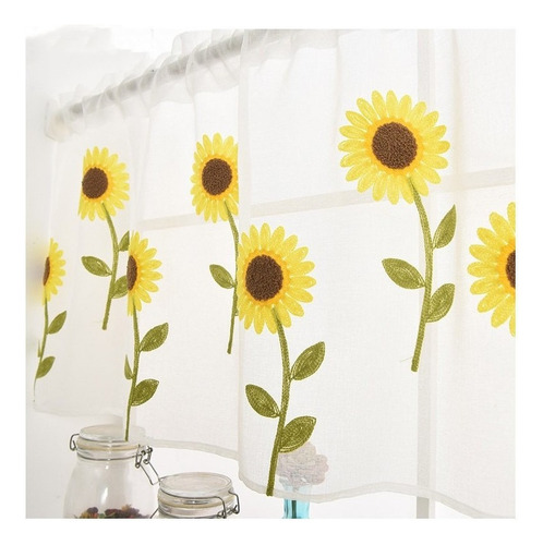 Cortinas De Cocina Con Girasol Bordado 2 Piezas