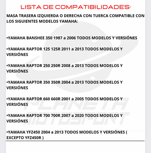Masa Tuerca Trasera Yamaha Banshee 350 1986-06 Yfz450 04-13