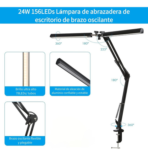 Lámpara Led De Doble Brazo Lámpara De Escritorio De Oficina Estructura Negro Pantalla Blanco