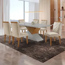 Comprar Mesa Sala De Jantar Aster 180cm E 6 Cadeiras Melissa Moderna Cor Veludo Creme\u002Foff White\u002Fimbuia Desenho Do Tecido Das Cadeiras Veludo Creme\u002Foff White\u002Fimbuia