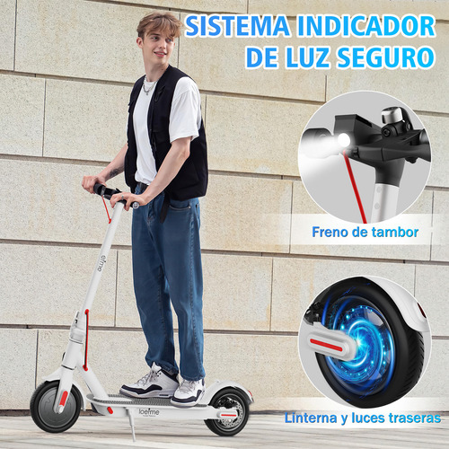 Patín eléctrico plegable para adultos lcd 35 km/h 600 w 8.5 pulgadas con luz led control de aplicación 3 niveles de velocidad ajustable batería 36 v 10.5 ah blanco Xgody