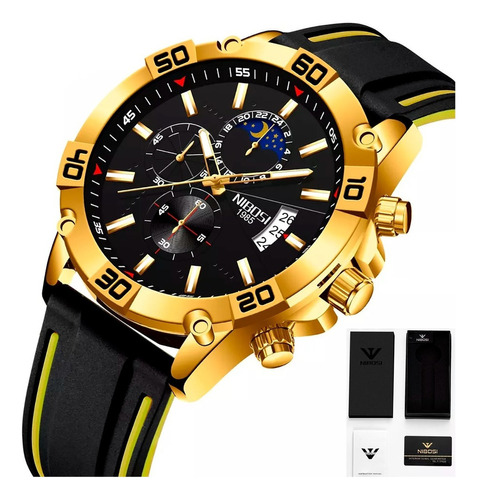 Relógio De Pulso Nibosi Nb2305r Esportivo Cronógrafo Com Corpo Selecionar,  Calendário, Para Masculino, Com Correia De Borracha Silicone Cor Preto-dourado E Fivela Simples