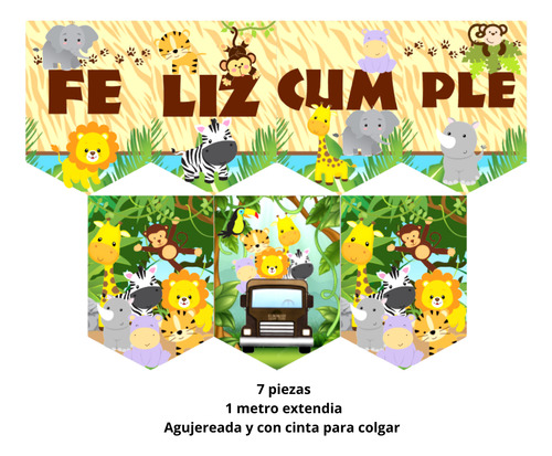 Combo Globos Animales De La Selva Safari Banderin Numero Dorado Número 5
