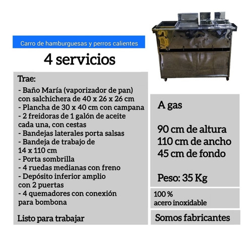 Imagen 5 de 5 de Carro De Perro Caliente Y Hamburguesa 4 Servicios A Gas.