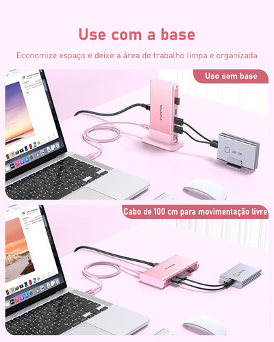 Adaptador Hub Usb C P Lention Dockstation 9 Em 1 4khdmi 3*usb3.0 100w Carregamento Rápido Rj45 Cor Rosa