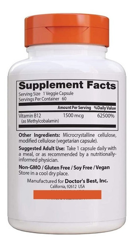 Metilcobalamina Vitamina B12 Vegana 1500 Mcg 60 cápsulas (por exemplo, B33)