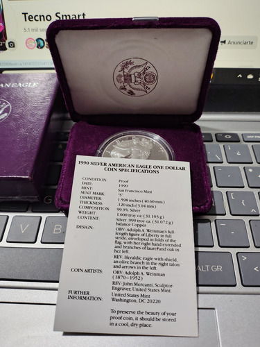 Moneda De Plata Águila Americana 1 Onza 999 1990 Certificado