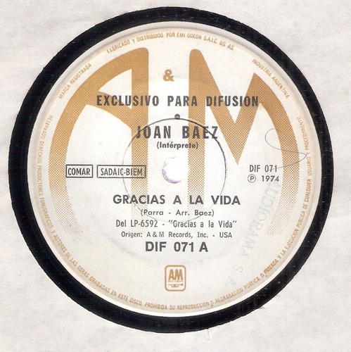 Joan Baez: Gracias A La Vida / 33 Rpm Simple A & M Records