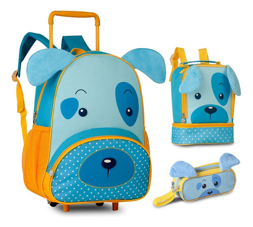 Mochila Rodinhas C Lancheira E Estojo Kit Escolar Infantil