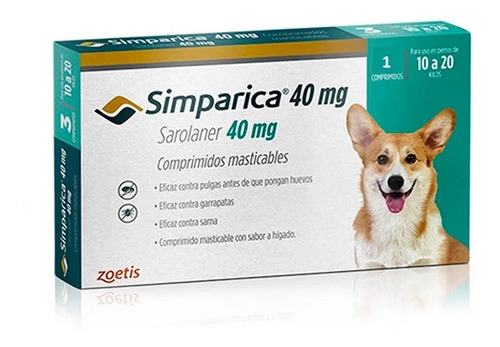 Imagen 1 de 1 de Simpárica 10 A 20 Kg 1 Tab Pulgas, Sarna, Garrapatas
