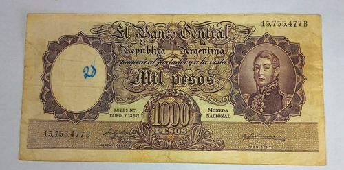 Billete Argentina 1000 Pesos Moneda Nacional Serie B - V.f.