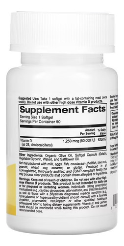 Super Nutrition Vitamina D3 50.000 Ui, 50 Cápsulas Importada