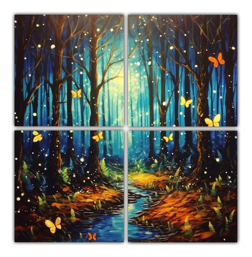 100x100cm Cuadros Vintage: Bosque Encantado Con Luciérnagas