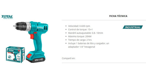 Taladro Atornillador Inalámbrico 12v Total 600 Rpm + Bateri Color Turquesa Frecuencia 50 Hz/60 Hz