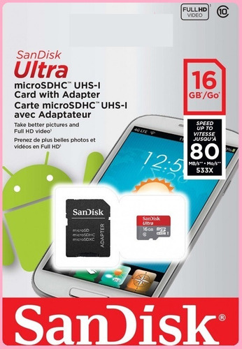 Imagem 1 de 3 de Cartão De Memória Sandisk 16gb Microsd Ultra 80mbs Classe10