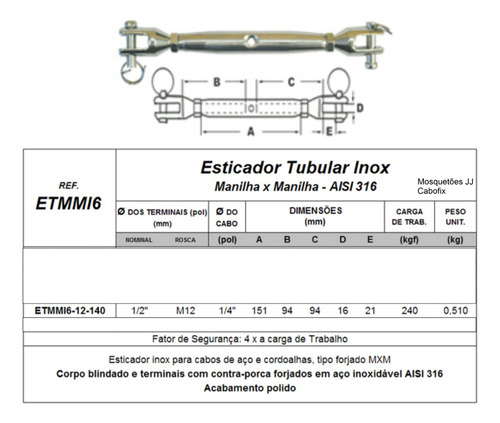 Kit 50 Un. Esticador Tubular Terminal 1/2 M12 240kg Inox