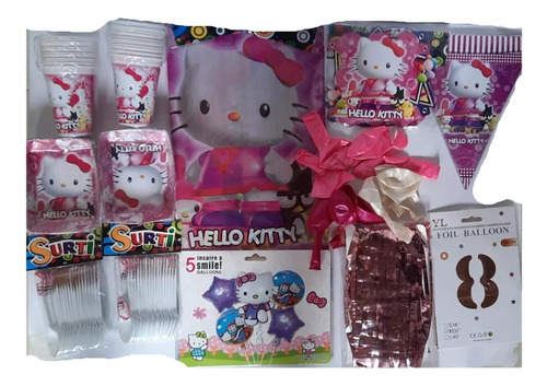 Kit Decoración Hello Kitty Globo 3d 65cm+vasos+numero70cm
