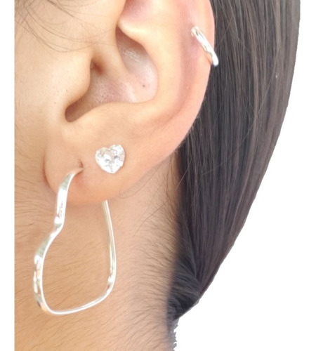 Trio Conjunto Brinco Argola Coração Pedra Zirconia Prata 925