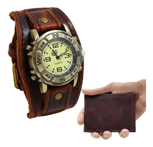 Relógio Masculino Couro Top Vintage + Carteira Slim Garantia