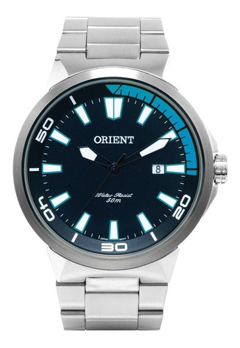 Relógio de pulso Orient MBSS1196A com corpo prateado,  analógico, para masculino, fundo  preto e azul, com correia de aço cor prateado, agulhas cor preto e branco, subdials de cor branco e azul, ponteiro de minutos/segundos branco, bisel cor prateado e dobrável