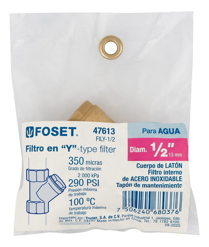 Filtro De Latón En 'y' De 1/2', Foset 47613 Cobre