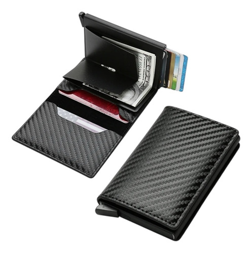 Tarjetero Rfid Cuero Sintético Carbono Economico Billetera