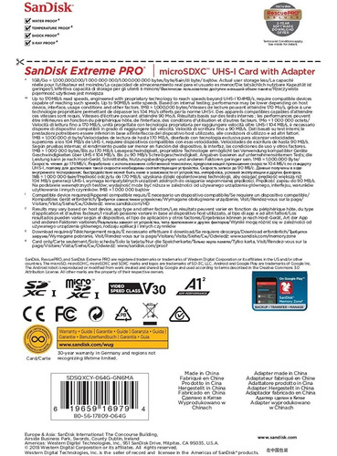 Memoria Micro Sd Sandisk Extreme Pro 64gb 4k Clase 10 U3
