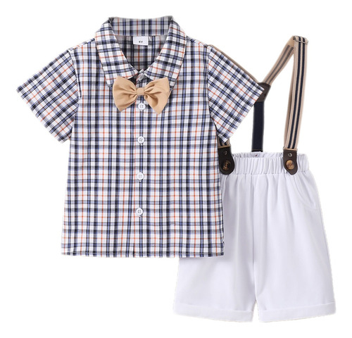 2pcs Conjunto Verano Camiseta A Cuadros Y Overol Para Niño Blanco 2-3 A
