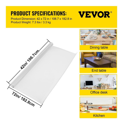 Vevor Mantel De Mesa Pvc Transparente 42x72 Pulgadas 1.5mm proctector de mesa