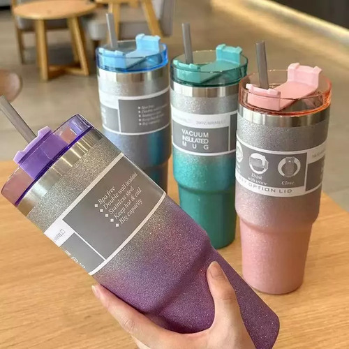 Copo Térmico Com Tampa E Canudo 890ml Com Glitter Brilho