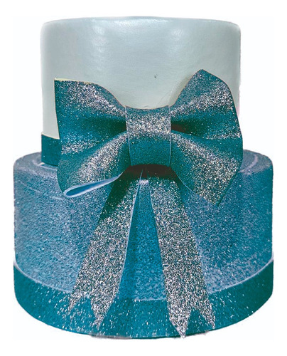 Bolo Fake Maquete Glitter Azul E Branco Com Laço