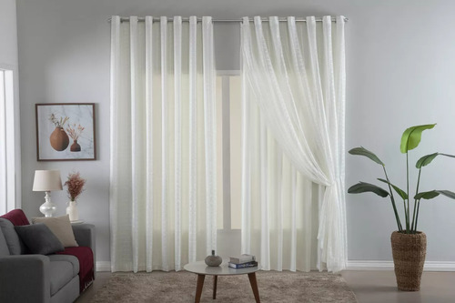 Cortina 4,00x2,80 Forro Tecido Voil Xadrez Quarto Sala Varão Palha
