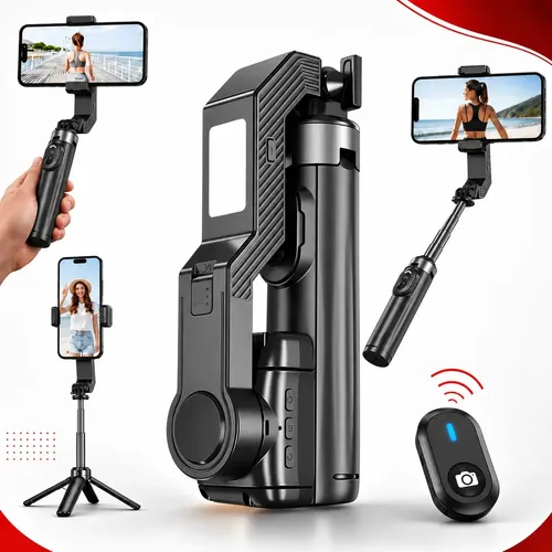 Estabilizador Gimbal Portátil Suporte Dobrável Para Celular Câmera Bluetooth 3 Modos De Luz Fria Natural Quente Tripé Profissional Preto - Multicontrol