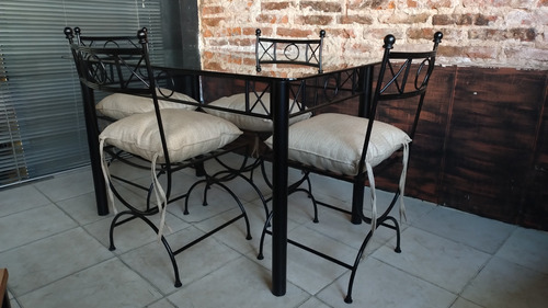 Mesa Cocina 120x80 + 4 Sillas Hierro Cristal 10mm Almohadon