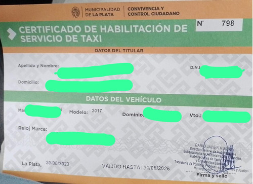 Vendo Habilitación De Taxi La Plata