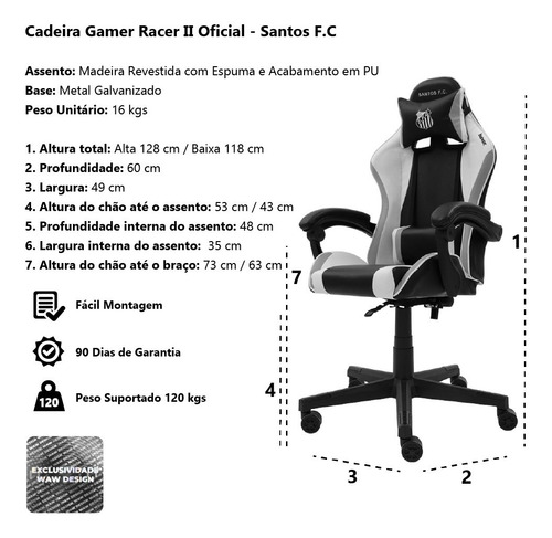 Imagem 5 de 5 de Cadeira Gamer Racer || Oficial - Santos F.c Reclinável Altur