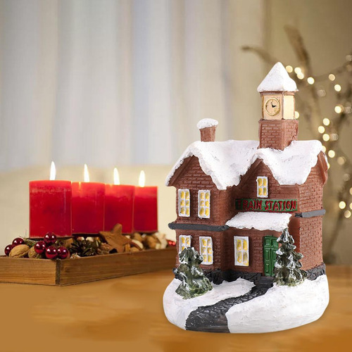 2pcs Lighted House Statue Ornament Light Village Set