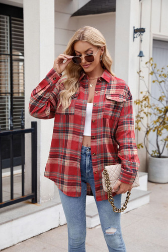 Blusa De Manga Larga Para Mujer Cuadros Moda Bolsillo Suelto